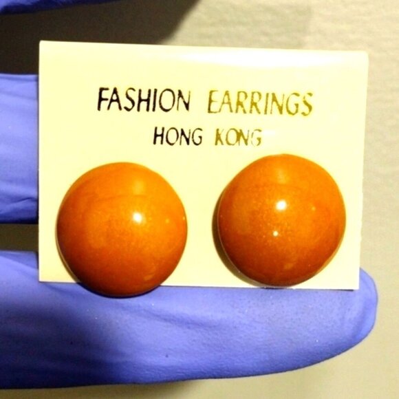 Retro 1980s Butterscotch Orange Dome Stud Earrings – Vintage Enameled Metal - Picture 1 of 6